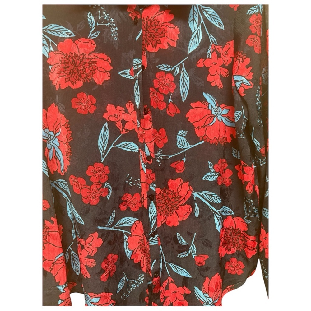 Zara Black Button-Down Floral Shirt with red & Blue Blooms - Picture 6 of 8